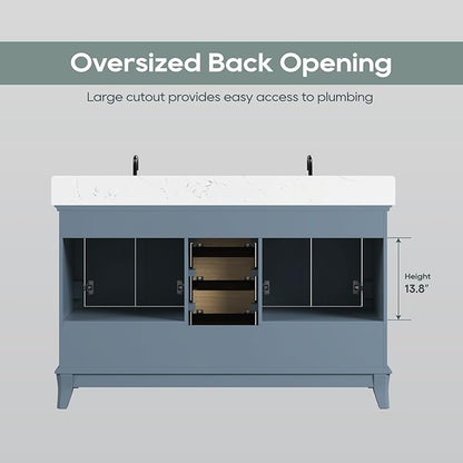 60 Inch Bathroom Vanity with Double Sink, Modern Solid Wooden Frame Bathroom Sink Cabinet with Soft Closing Doors & Dovetail Drawers, Quartz Countertop, Adjustable Feet, Steel Blue