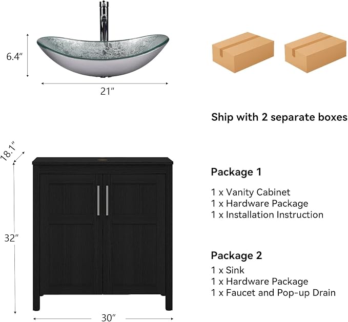 YOURLITE 30" Bathroom Vanity with Sink, Black Bathroom Vanity and Sink Combo with Faucet & Pop Up Drain Set,Traditional Vanity with Blue Glass Boat Bathroom Sink