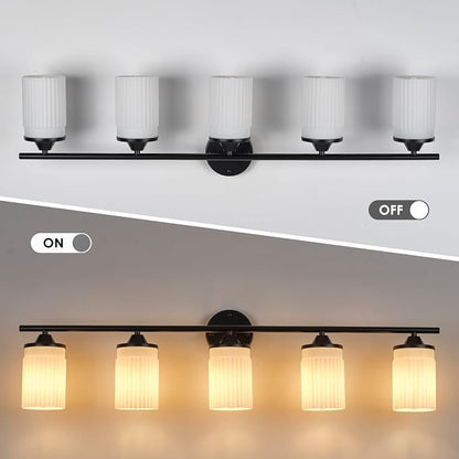 Jonsi Black Bathroom Light Fixtures 5-Light Vanity Lights Modern Wall Sconce with Milk White Shade Brushed Brass Bathroom Light Fixture Over Mirror for Bedroom Hallway Kitchen