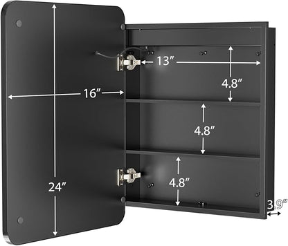 ROOMTEC 16 x 24 Inch Medicine Cabinet Mirror with LED Lights, Black Bathroom Medicine Cabinet with Mirror and Storage, Recessed or Wall Mount, 3 Color Temperature, Dimmable Light