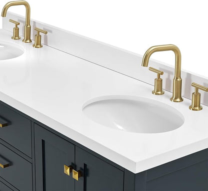 ARIEL Cambridge 66-inch Bathroom Vanity with Sink,Solid Wood, 1.5-inch Pure White Quartz Countertop & Backsplash, Double Oval Porcelain Sink, 4 Soft Closing Doors, 6 Dovetail Drawers, Midnight Blue