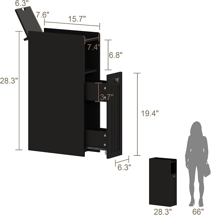 ChooChoo Slim Bathroom Storage Cabinet with Slide Out Drawers | Narrow Storage Organizer with Hidden Storage, Freestanding Toilet Paper Holder, Bathroom Cabinet for Small Places, Black