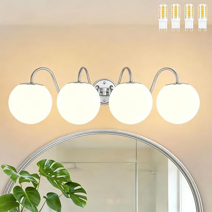 4 Lights Vintage Bathroom Vanity Light Fixtures Over Mirror, Brushed Nickel Vanity Lights For Bathroom With Milk White Glass Globe Shade, Wall Lights For Bedroom, Hallway, Dressing Table(G9 Incl.)