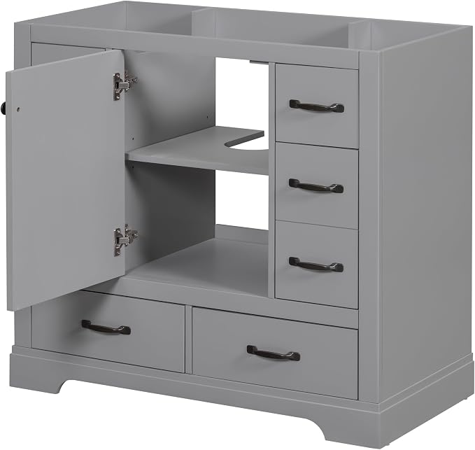 36" Bathroom Vanity Without Top Sink,6-Drawer Freestanding Cabinet Base with Multi-Functional Divider & Adjustable Shelf,Solid Wood MDF Vanity Only, Water Resistant,Grey
