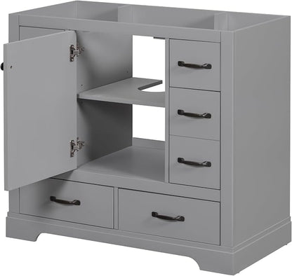 36" Bathroom Vanity Without Top Sink,6-Drawer Freestanding Cabinet Base with Multi-Functional Divider & Adjustable Shelf,Solid Wood MDF Vanity Only, Water Resistant,Grey