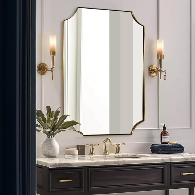 30x40 Inch Brushed Gold Mirror, Gold Scalloped Bathroom Mirror, Unique Rectangle Mirror in Never-Rust Stainless Steel Metal Frame, Wall Mount Vertical or Horizontal