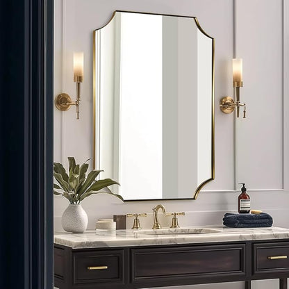 30x40 Inch Brushed Gold Mirror, Gold Scalloped Bathroom Mirror, Unique Rectangle Mirror in Never-Rust Stainless Steel Metal Frame, Wall Mount Vertical or Horizontal