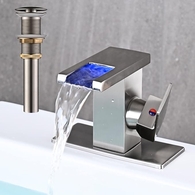 LED Bathroom Sink Faucet, Brushed Nickel Waterfall Single Hole Handle Vanity Faucets for Sinks 1 Hole with Metal Pop Up Drain and 2 Water Supply Lines, Side Handle