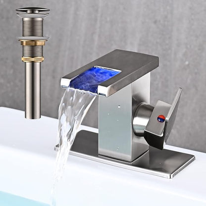 LED Bathroom Sink Faucet, Brushed Nickel Waterfall Single Hole Handle Vanity Faucets for Sinks 1 Hole with Metal Pop Up Drain and 2 Water Supply Lines, Side Handle