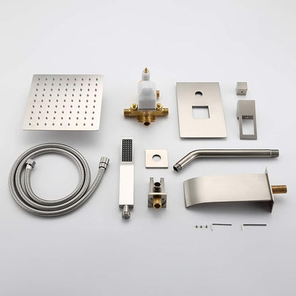 SUMERAIN Brushed Nickel Shower System with Waterfall Tub Spout | Anti-scalding Pressure Balanced Cartridge, Tub Shower Faucet, 8" Rain Shower Head, Brass Hand Shower, Rough-In Valve Included