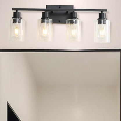 4-Lights Black Gallery Wall Sconces,Brushed Black Bathroom Vanity Light Fixtures with Clear Glass Shades, Farmhouse Modern Wall Lighting for Mirror,Living Room,Bedroom, E26 Base