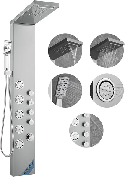 VEVOR Shower Tower, 4 Shower Modes Shower Tower System, Rainfall, Waterfall, 5 Full Body Massage Jets and 3-Setting Handheld Shower Head with 59" Hose, Stainless Steel Wall-Mounted Shower Set