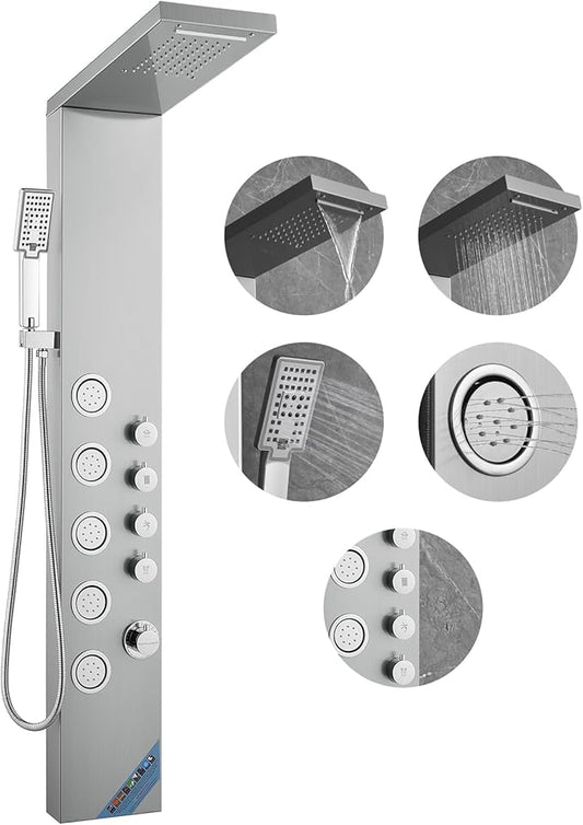 VEVOR Shower Tower, 4 Shower Modes Shower Tower System, Rainfall, Waterfall, 5 Full Body Massage Jets and 3-Setting Handheld Shower Head with 59" Hose, Stainless Steel Wall-Mounted Shower Set