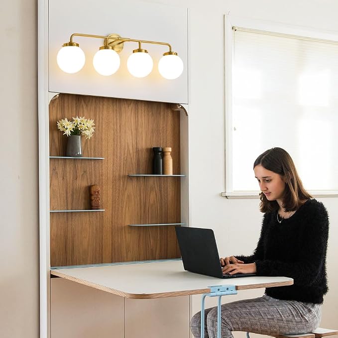 Bathroom Light Fixtures 30.7in 4-Light Brushed Gold Vanity Light for Mirror | Bathroom Lighting Fixtures over Mirror, ETL, Brushed Brass Wall Sconce, Dimmable E12 Base Max 60W, Milky Glass Ball Shades