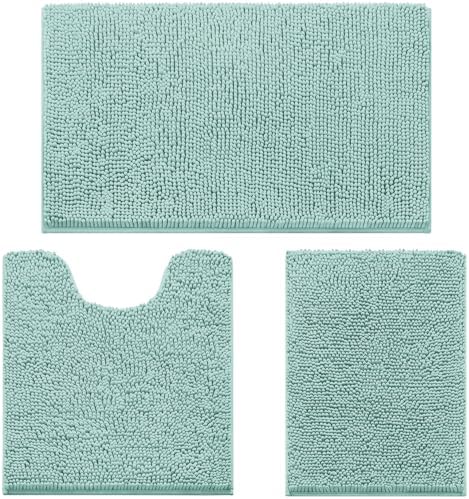 HOMEIDEAS Eggshell Blue Chenille Bathroom Rugs Set of 3, Non Slip Bath Mat