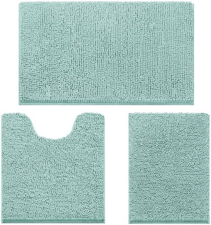HOMEIDEAS Eggshell Blue Chenille Bathroom Rugs Set of 3, Non Slip Bath Mat