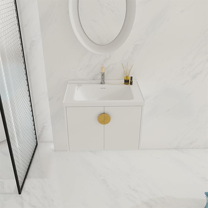 28inch Wall Mount Bathroom Vanity w/Sink Combo for Small Space, Modern Ceramic Countertop Double Door Cabinet, Floating White Vanity Set w/Gold Handle