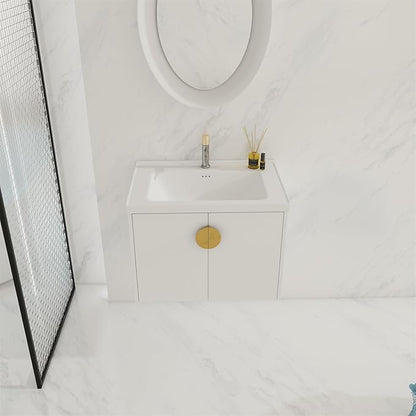 28inch Wall Mount Bathroom Vanity w/Sink Combo for Small Space, Modern Ceramic Countertop Double Door Cabinet, Floating White Vanity Set w/Gold Handle