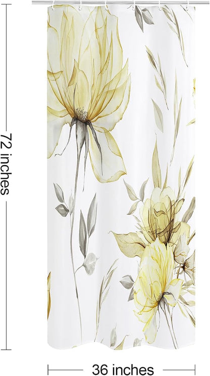 Yellow Boho Floral Shower Curtain, Watercolor Botanical Design, 36 x 72 | Boho Floral Design, Watercolor Ink Painting Style, Botanical Flowers & Leaves, Elegant Bathroom Accent, Fabric Cloth Curtain