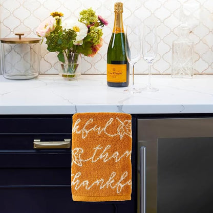 SKL Home Fall/Thanksgiving Thankful Script Hand Towel Set-2pc, Yellow | 100% Cotton. Soft & absorbent. Reversible jacquard pattern. Great for the bathroom, kitchen or bar & gifting.