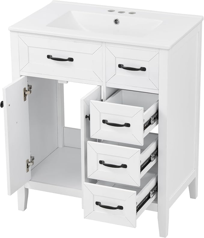 Merax 30 Inch Bathroom Vanities with Undermount Ceramic Sink, Storage Cabinet with Soft Closing Doors and Three Drawers, Solid Wood Frame, White