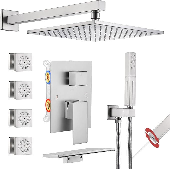 VANFOXLE Shower Faucet Set Brushed Nickel Shower System,Four Modes Shower Faucet with 2 in 1 Handheld,Wall Mount 10 Inch Shower Head with Waterfall Spout, 4 PCS Dual Modes Body Jets