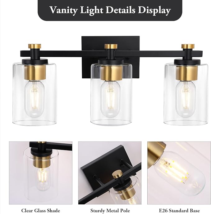 3-Light Black Gold Bathroom Vanity Light with Clear Glass Shades | Modern Bathroom Light Fixture, E26 Socket, Over Mirror Lighting for Bath Vanity Decor, High Quality Metal