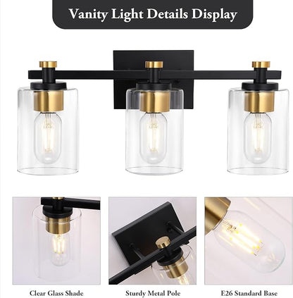 3-Light Black Gold Bathroom Vanity Light with Clear Glass Shades | Modern Bathroom Light Fixture, E26 Socket, Over Mirror Lighting for Bath Vanity Decor, High Quality Metal
