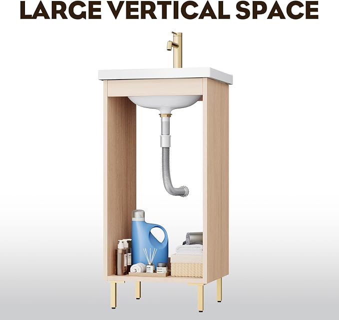 Pre-Assembled 16 Inch Small Bathroom Vanity, Freestanding Oak Bathroom Cabinet with Ceramic Sink, Soft-Close Door, No Faucet,BV05-16-OAK-JH