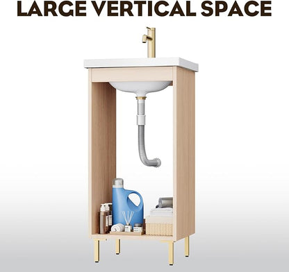 Pre-Assembled 16 Inch Small Bathroom Vanity, Freestanding Oak Bathroom Cabinet with Ceramic Sink, Soft-Close Door, No Faucet,BV05-16-OAK-JH