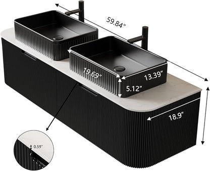 Yayzy 60" Floating Bathroom Vanity with Sink, Solid Wood Fluted Cabinet, Black Fluted Square Ceramic Basin & Faux Marble Top, Soft-Close Drawer, Pre-Assembled, Gloss Black