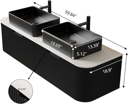 Yayzy 60" Floating Bathroom Vanity with Sink, Solid Wood Fluted Cabinet, Black Fluted Square Ceramic Basin & Faux Marble Top, Soft-Close Drawer, Pre-Assembled, Gloss Black