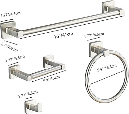 Brushed Nickel Bathroom Hardware Set 4 Pieces,Towel Bar Set Stainless Steel Wall Mounted, Includes 16In Hand Towel Bar, Towel Ring, Robe Towel Hooks,Toilet Paper Holder, Bathroom Towel Rack Set…