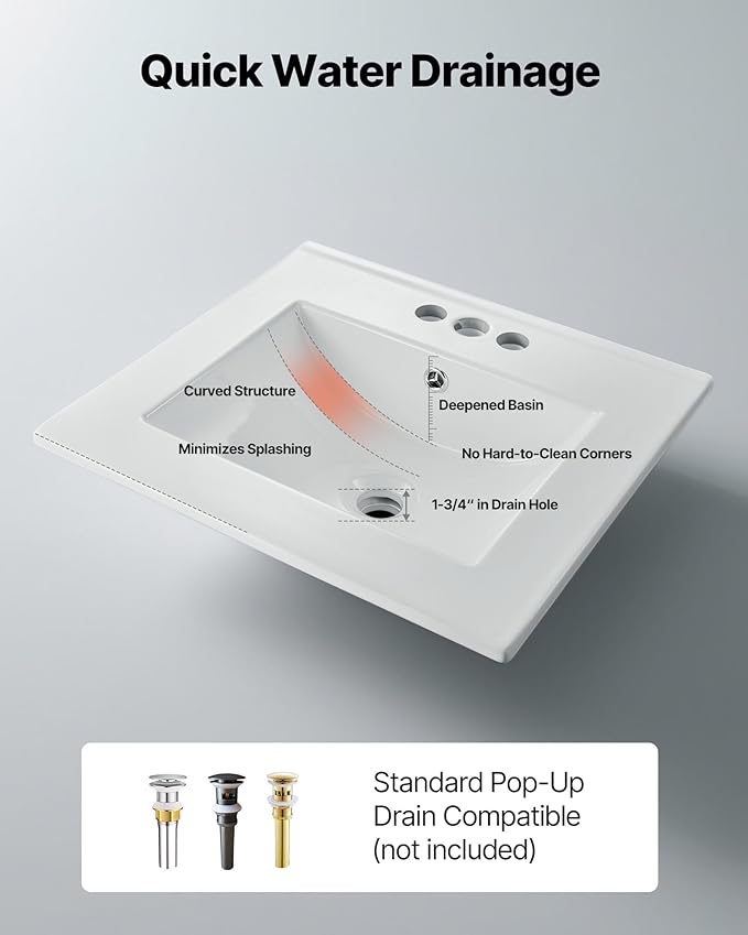 VEVOR Semi Recessed Bathroom Sink, 20.08 x 18.31 Inch Rectangular White Ceramic Vessel Sink with Overflow and 3 Faucet Holes, Drop in Modern Lavatory Vanity Bath Wash Bowl Basin Rectangle Small Space