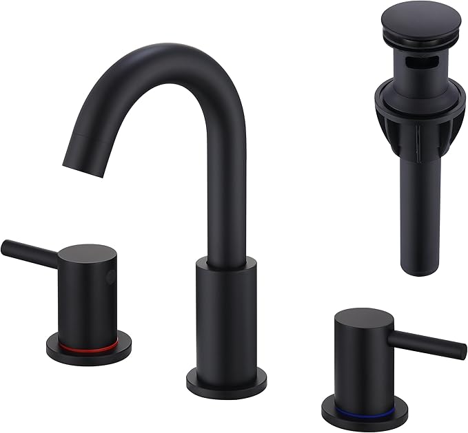 Black Bathroom Faucets 3 Hole, Matte Black Bathroom Faucet with Pop up Drain, Stainless Steel 2 Handle 8 Inch Widespread Vanity Faucet for Bathroom Sink, AML-21754-BK