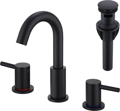 Black Bathroom Faucets 3 Hole, Matte Black Bathroom Faucet with Pop up Drain, Stainless Steel 2 Handle 8 Inch Widespread Vanity Faucet for Bathroom Sink, AML-21754-BK