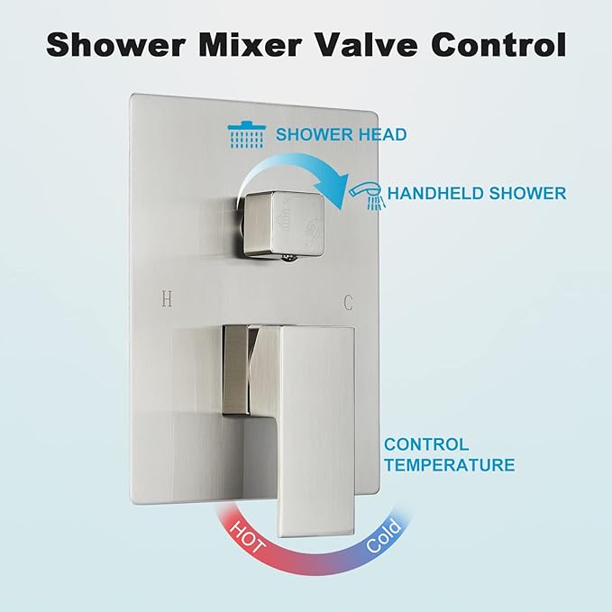 Shower System 12 Inch LED Square Showerhead Shower Faucet Set Shower Kit with Handheld Spray SUS304 Stainless Steel Shower Trim Kit Handheld shower with Rough-in Valve Brushed Nickle…