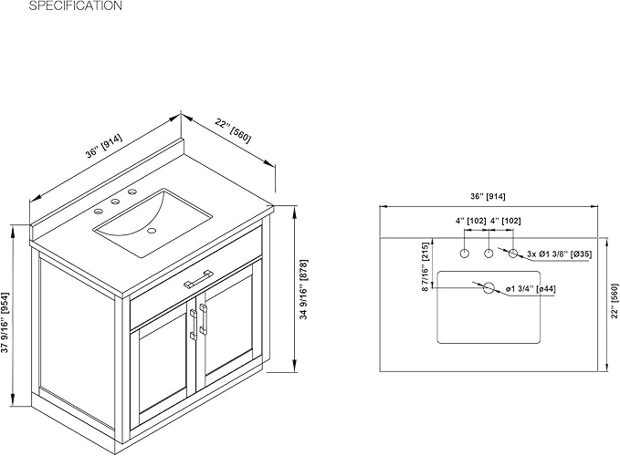 OVE Decors Bailey 36 in. Single Sink Freestanding Matte Black Wood Bathroom Vanity with White Quartz Top and Matching Backsplash