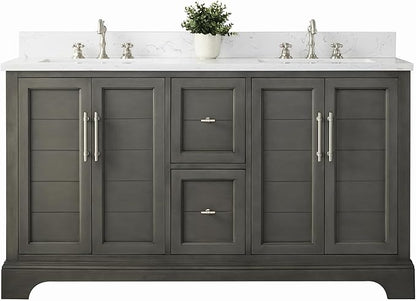HOMEBEYOND 60 Inch Bathroom Vanity with Double Sink & Ceramic Top, Vanity Cabinet with Center Countertop Basin, Soft-Closing Doors, Backsplash,Sliver Grey
