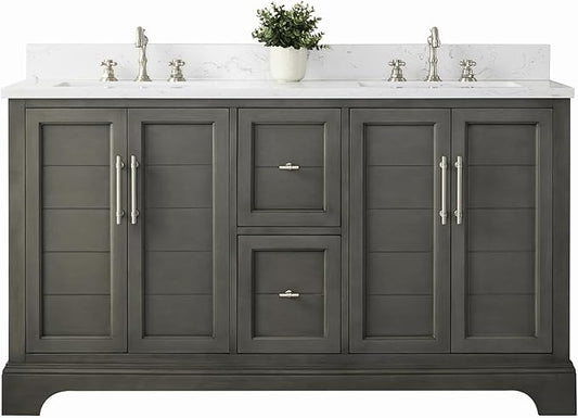 HOMEBEYOND 60 Inch Bathroom Vanity with Double Sink & Ceramic Top, Vanity Cabinet with Center Countertop Basin, Soft-Closing Doors, Backsplash,Sliver Grey