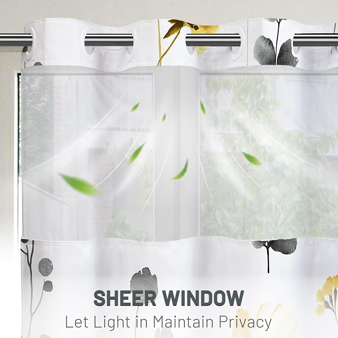 No Hook Floral Shower Curtain with Liner, Yellow Gray, 71x74 | Snap in Liner, 3 in 1, Water Repellent, Easy Install, Machine Washable, Hotel Style for Bathroom, Watercolor Pattern