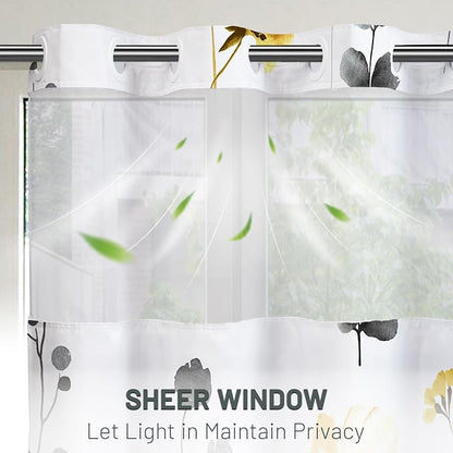 No Hook Floral Shower Curtain with Liner, Yellow Gray, 71x74 | Snap in Liner, 3 in 1, Water Repellent, Easy Install, Machine Washable, Hotel Style for Bathroom, Watercolor Pattern