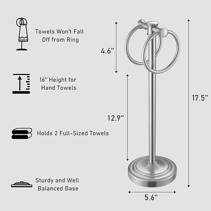Hoimpro 17" Brushed Nickel Standing Towel Rack Bracket, Double Towel Ring Hand Towel Free Stand Holder Bathroom Hardware Accessories Set, Towel Bar for Bathroom Vanities and Kitchen Countertops