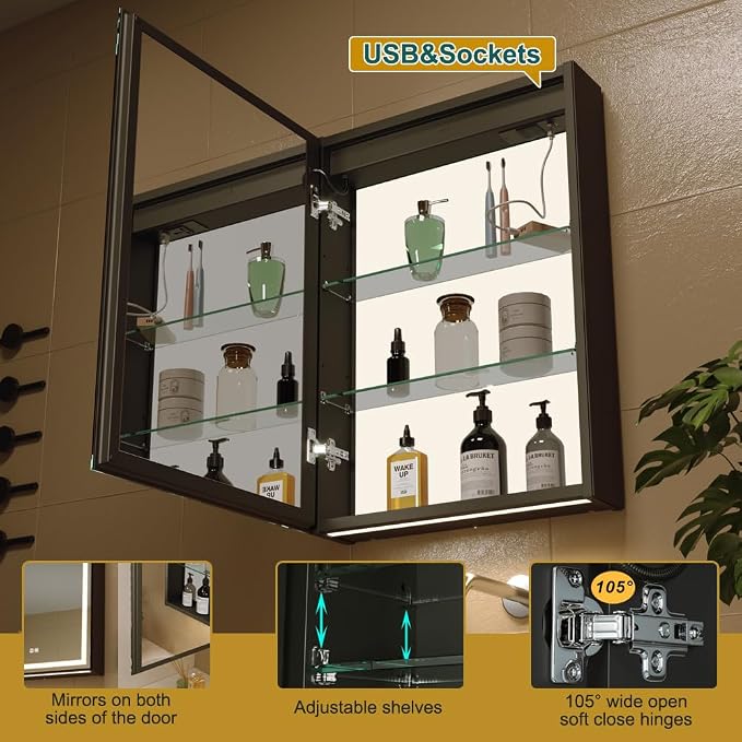 20x28 Inch Aluminum LED Bathroom Mirror Cabinet with Backlit Panel | Light Adjustment, Anti-Fog, Sockets&USBs, High Capacity, Easy to Install