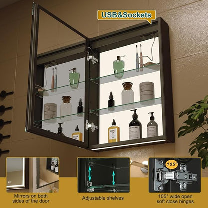 20x28 Inch Aluminum LED Bathroom Mirror Cabinet with Backlit Panel | Light Adjustment, Anti-Fog, Sockets&USBs, High Capacity, Easy to Install