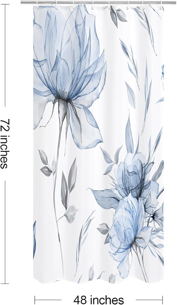 Litabel Blue and Grey Boho Watercolor Floral Shower Curtain, Ink Painting Style Blossom & Leaf Shower Curtains for Chic Elegant Bathroom, Artistic Fabric Cloth Flower Shower Curtain, 48 x 72