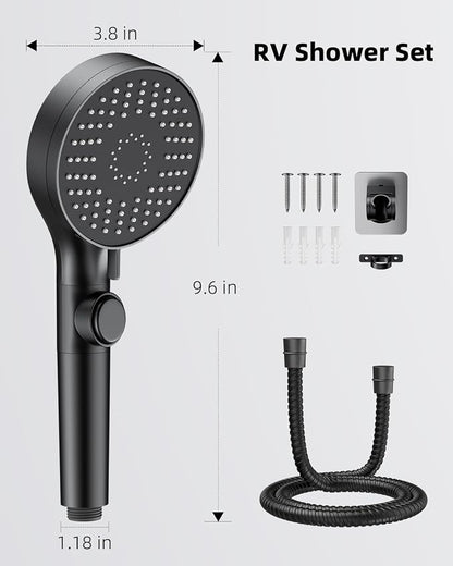 RV Shower Head with Stainless Steel Hose, 5 Mode High Pressure Shower Head with Handheld On Off Switch, Camper Shower Head Replacement for RV, Travel Trailer, Motorhome, RV Accessories Part, Black
