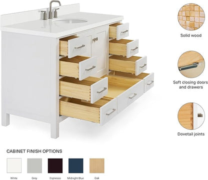 ARIEL Cambridge 54-inch Bathroom Vanity with Sink,Solid Wood, 1.5-inch Pure White Quartz Countertop & Backsplash, Single Oval Porcelain Sink, 2 Soft Closing Doors, 9 Dovetail Drawers, White