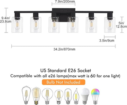 Black Bathroom Light Fixtures, 6-Light Bathroom Lighting Fixtures Over Mirror with Clear Glass Shade, Matte Black Vanity Lights, 6 Light Count Large Vanity Light Fixture for Bath, Mirror,Wall Sconce