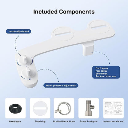Bidet Attachment for Toilet, Toilet Bidet with Dual Self-Cleaning Nozzles, Rear and Feminine Wash, Adjustable Spray Pressure, Easy Installation, Hygienic Bathroom Accessory, Ceramic White